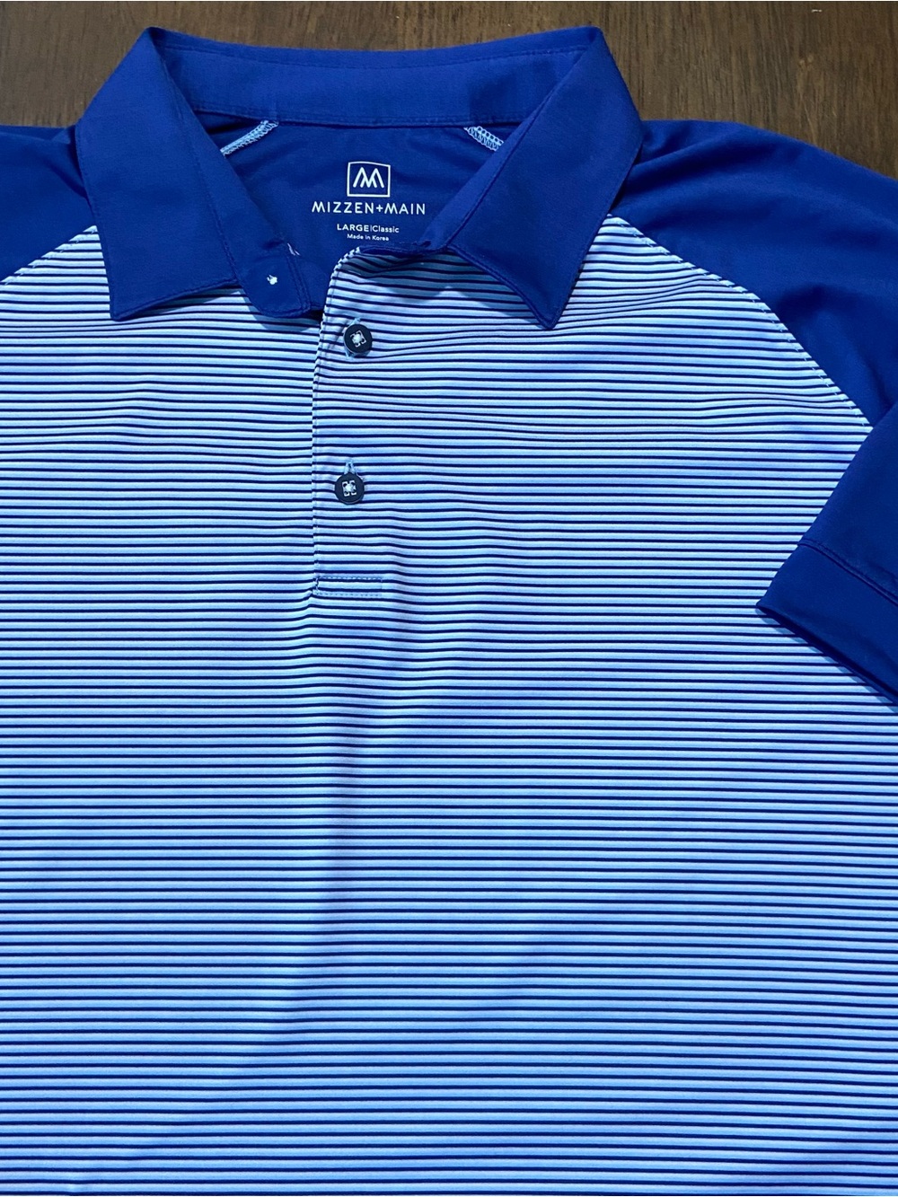Mizzen Main Classic Performance Golf Polo Shirt Mens L Blue Striped Short Sleeve